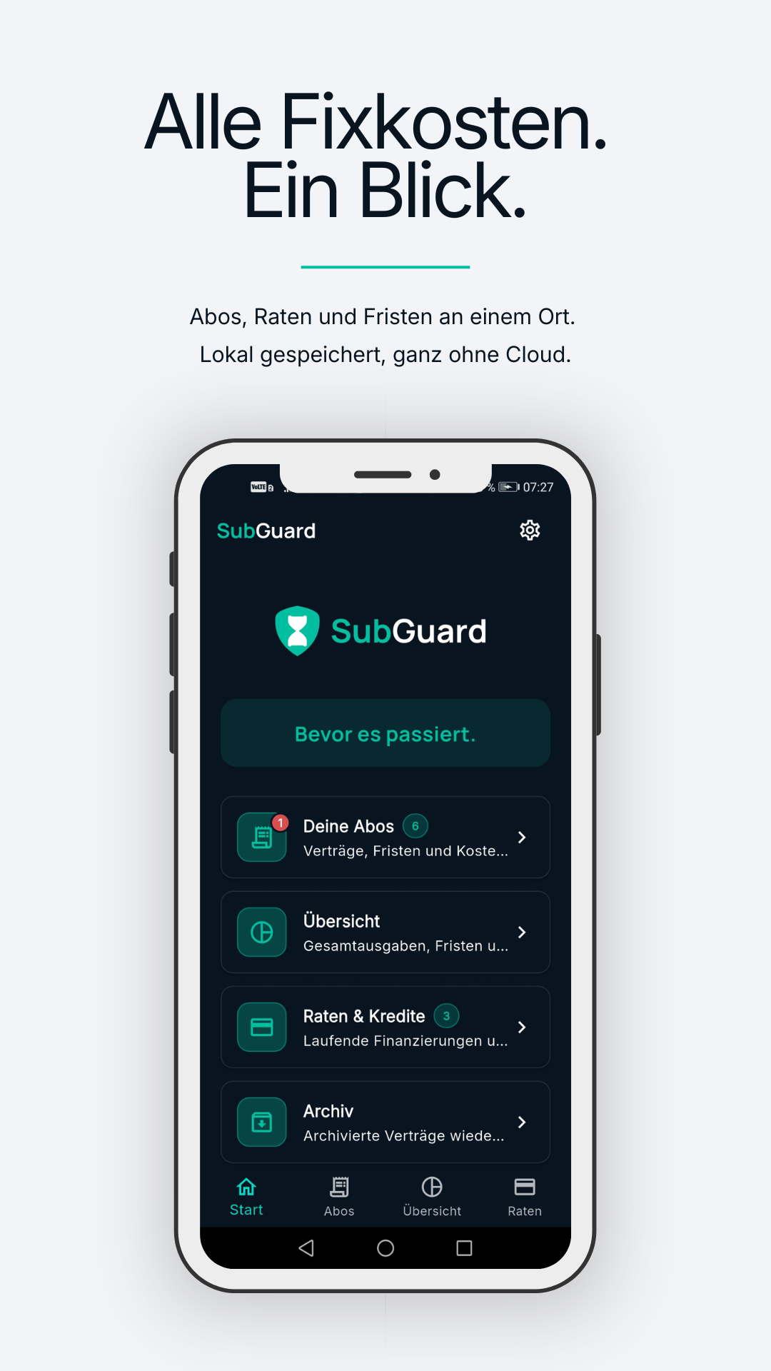 SubGuard Dashboard: alle Fixkosten auf einen Blick
