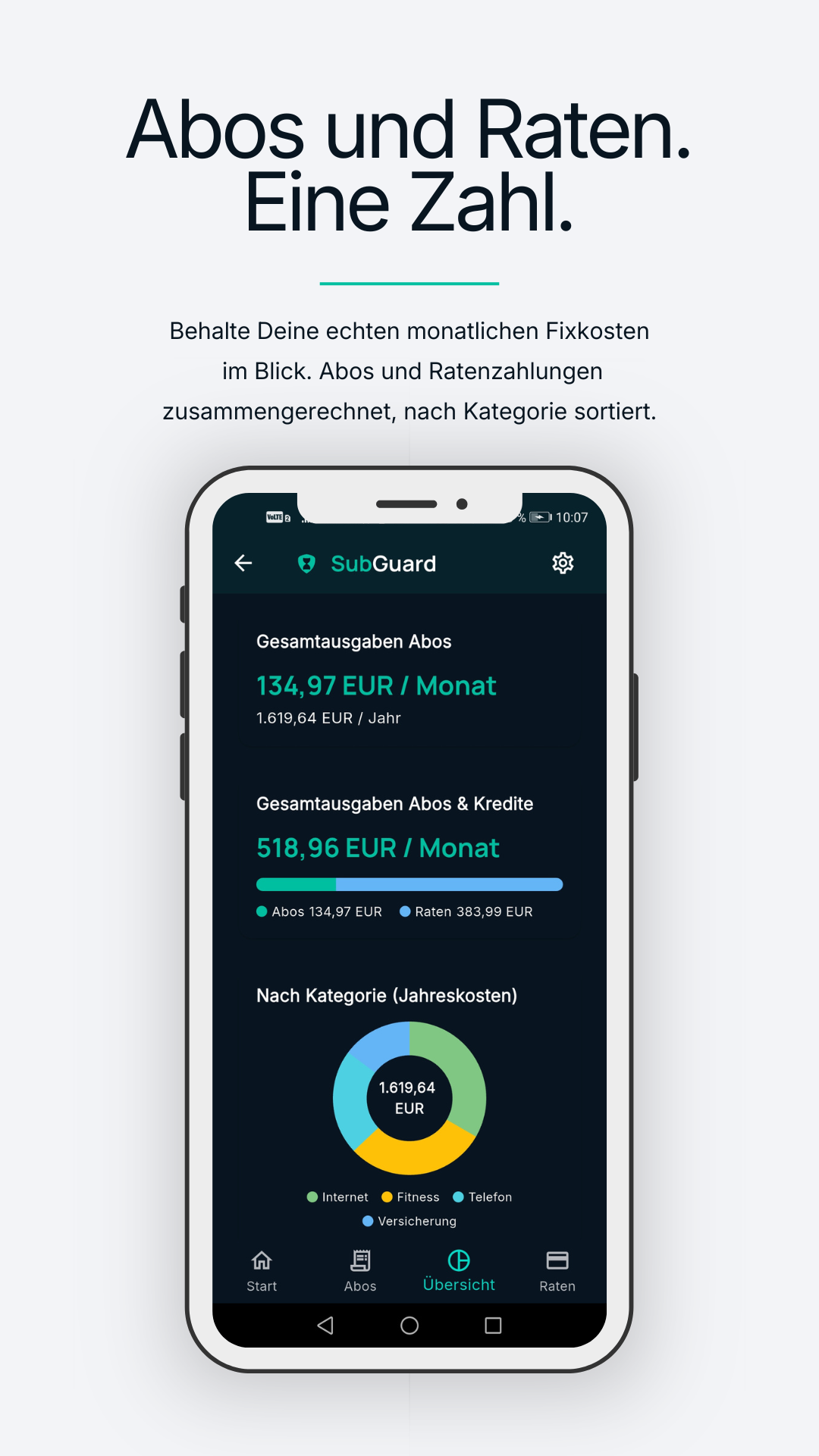 SubGuard Übersicht: Gesamtkosten aus Abos und Raten